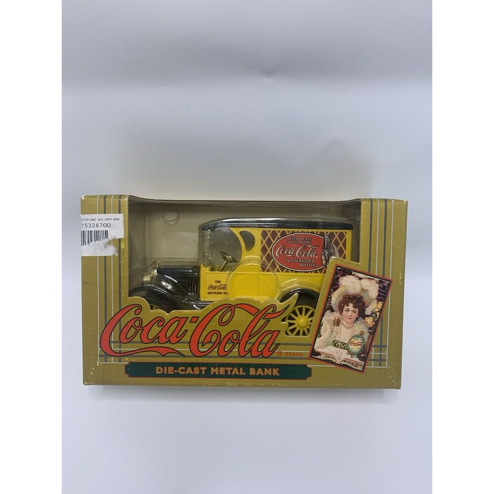 Vtg Coca Cola Chevrolet Chevy Diecast Metal Bank Delivery Truck Yellow 9432 NOS
